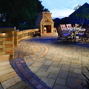 Fireplace, short wall, and patio made from stone